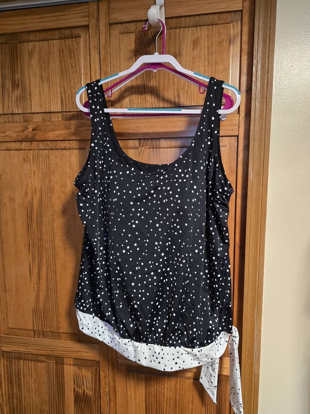 Swimsuits For All Black Polka Dot BlousonTankini with White Hem And Tie On Side